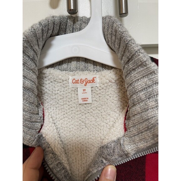 Cat & Jack Toddler Boys' Buffalo Check Sherpa Lined Zip-Up Red Jacket - Size 2T - Picture 3 of 4